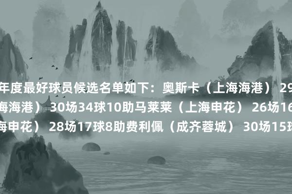 年度最好球员候选名单如下：奥斯卡（上海海港） 29场14球20助武磊（上海海港） 30场34球10助马莱莱（上海申花） 26场16球3助路易斯（上海申花） 28场17球8助费利佩（成齐蓉城） 30场15球8助罗慕洛（成齐蓉城） 24场6球9助法比奥（北京国安） 27场14球12助克雷桑（山东泰山） 24场11球4助卡扎伊什维利（山东泰山） 29场7球6助孔帕尼奥（天津津门虎）26场17球1助莱昂纳